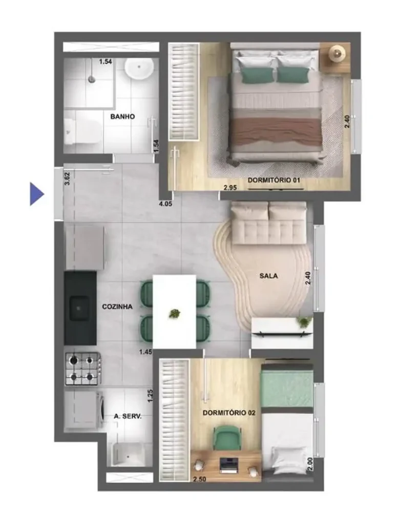 Apartamento 2 quartos 38m² em Jaguaré — planta Cidade Villa Lobos Tenor