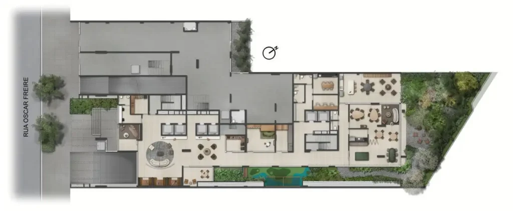 Implantação térreo condomínio 1800 Oscar Pinheiros - Residencial — 1-3 quartos em Pinheiros