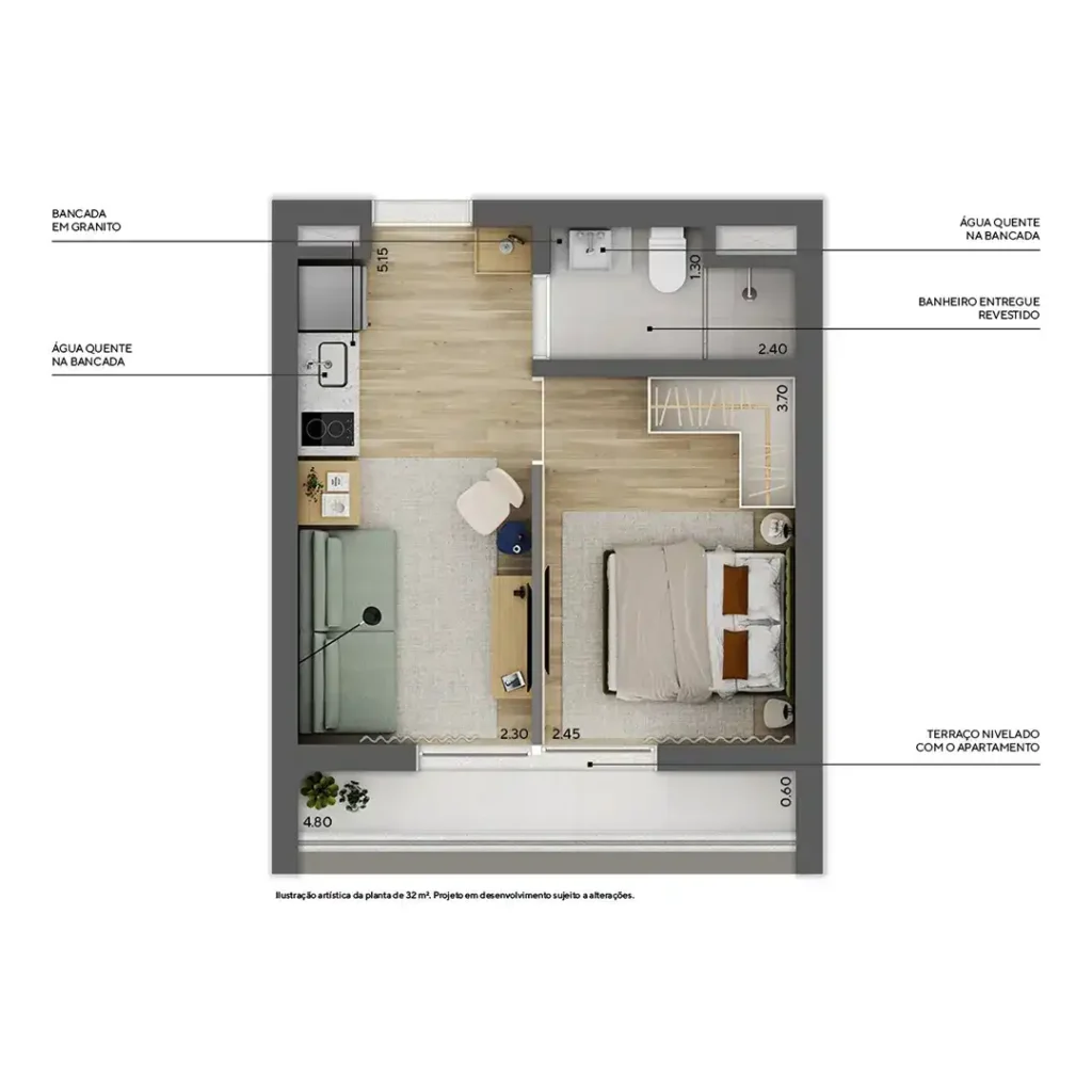 Apartamento 1 quartos 32m² em Higienópolis — planta Praça Higienópolis Tiê