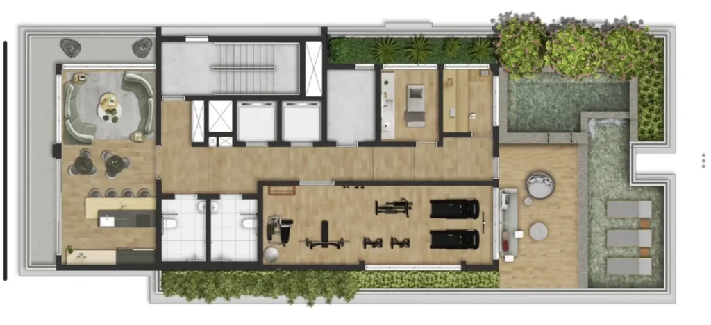 Implantação rooftop condomínio Hauser Home Desing Moema - Residencial — 1-2 quartos em Indianópolis