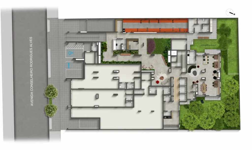 Implantação condomínio Look Ibirapuera — 1-2 quartos em Vila Mariana