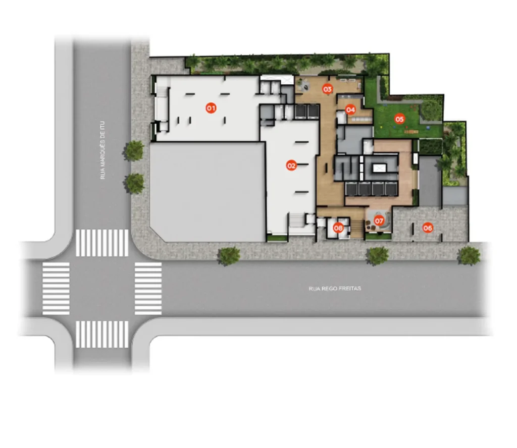 Implantação térreo condomínio Galleria SP - NR — 1 quartos em Vila Buarque