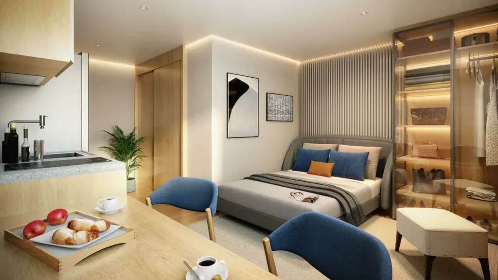 Dormitório Vista Jardim Guedala - Studios Jardim Guedala — 1 quartos 24-32m², Cambur Construtora