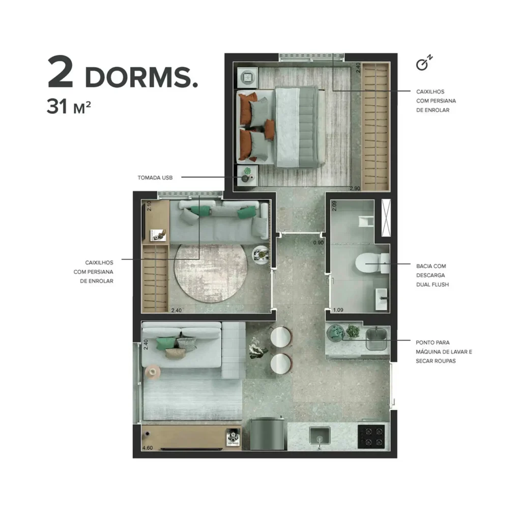 Apartamento 2 quartos 31m² em Vila Hamburguesa — planta Viva Benx Leopoldina III