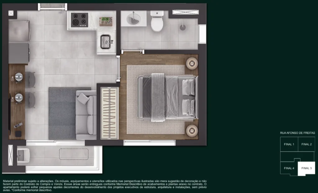Implantação 13 ao 15 28,13 m² condomínio NYX Paraíso - Home Boutique — 1-2 quartos em Paraíso