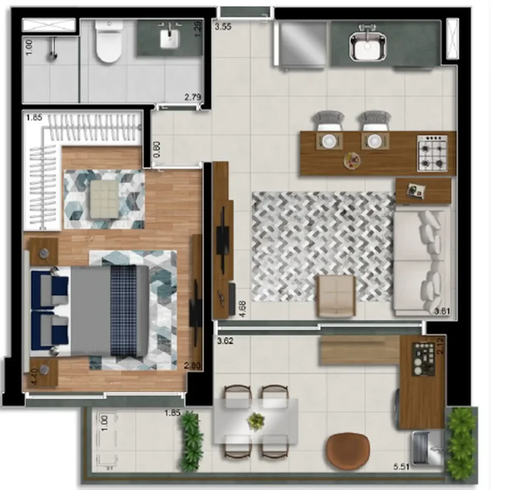 Apartamento 1 quartos 50m² em Jardim América — planta Estados Unidos 702