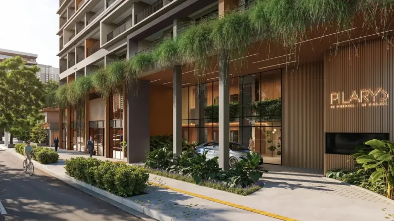 Fachada do prédio com entrada porte cochére Pilarys Jardim Guedala — apartamento 1 quartos, Lançamento em Jardim Guedala