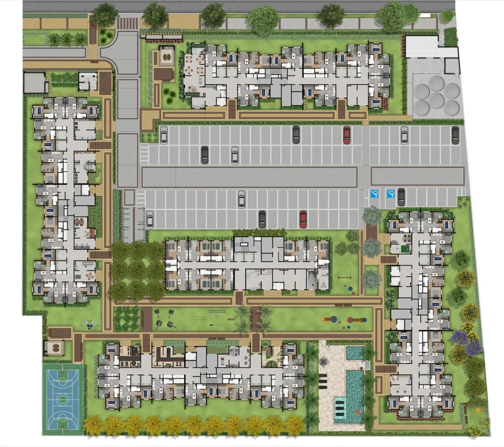 Implantação condomínio Mundo Park Aurora — 1-2 quartos em Campo Grande