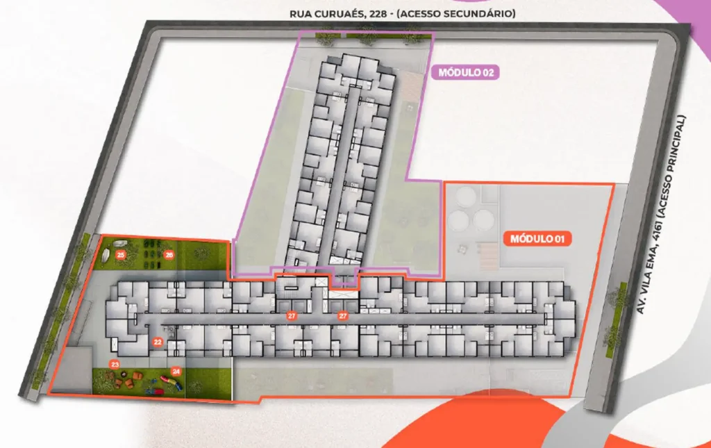 Implantação 2 condomínio Metrocasa Prime Vila Ema - Fase 1 — 1 quartos em Vila Ema