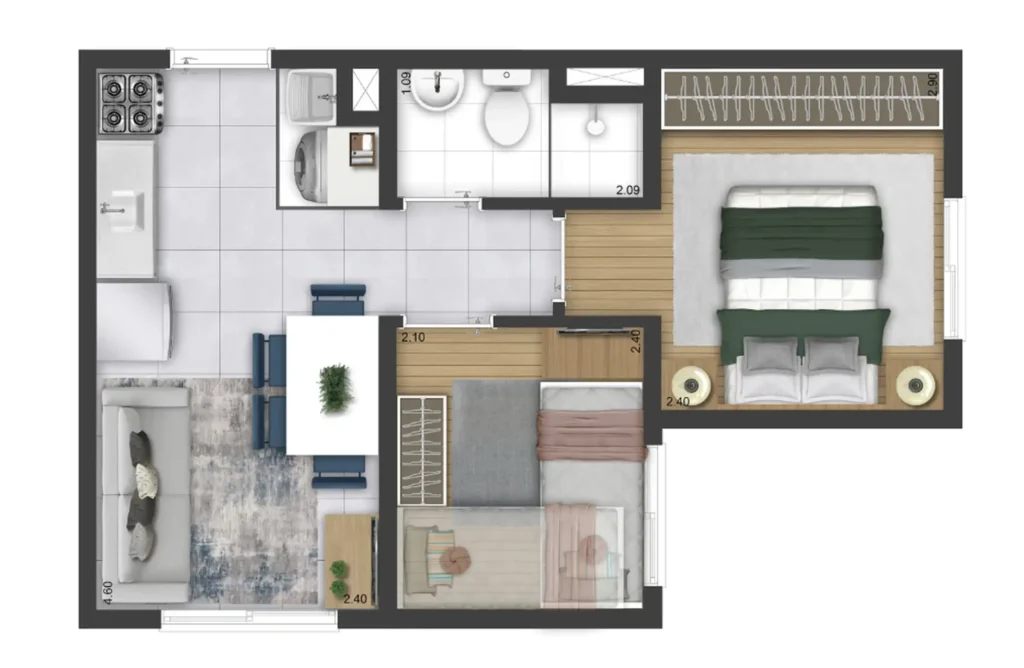 Apartamento 2 quartos 32m² em Itaquera — planta Plano&Bosque do Carmo Seringueira