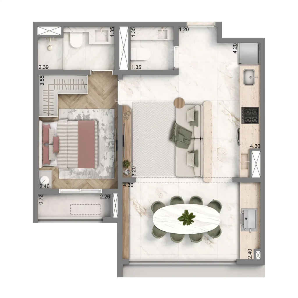 Apartamento 1 quartos 48m² em Chácara Santo Antônio (Zona Sul) — planta Well Home