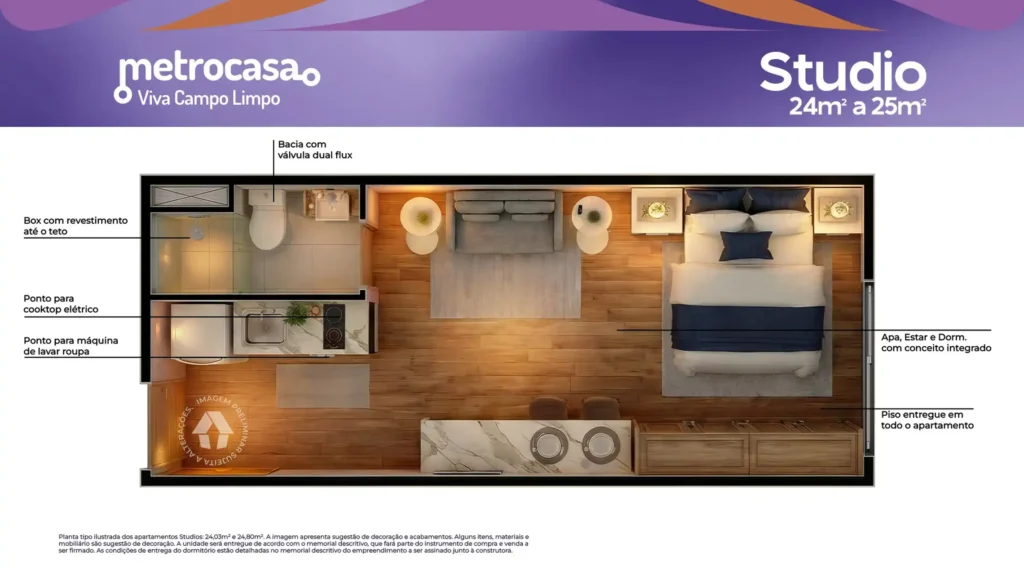 Apartamento 1 quartos 25m² em Parque Rebouças — planta Metrocasa Viva Campo Limpo